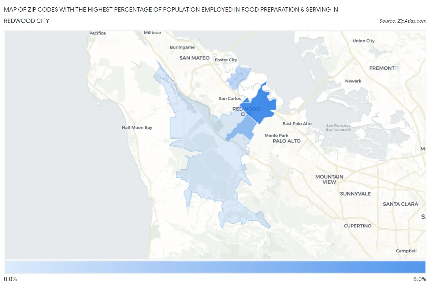Zip Codes with the Highest Percentage of Population Employed in Food Preparation & Serving in Redwood City Map
