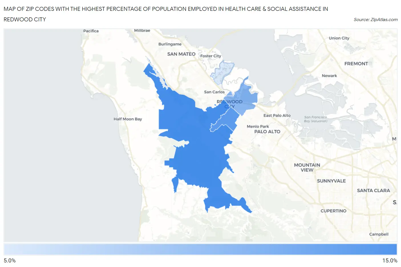 Zip Codes with the Highest Percentage of Population Employed in Health Care & Social Assistance in Redwood City Map
