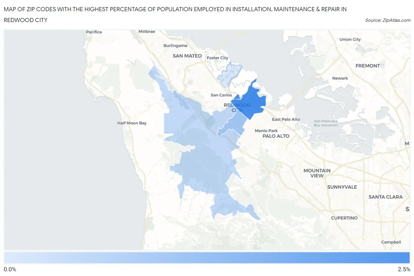 Zip Codes with the Highest Percentage of Population Employed in Installation, Maintenance & Repair in Redwood City Map