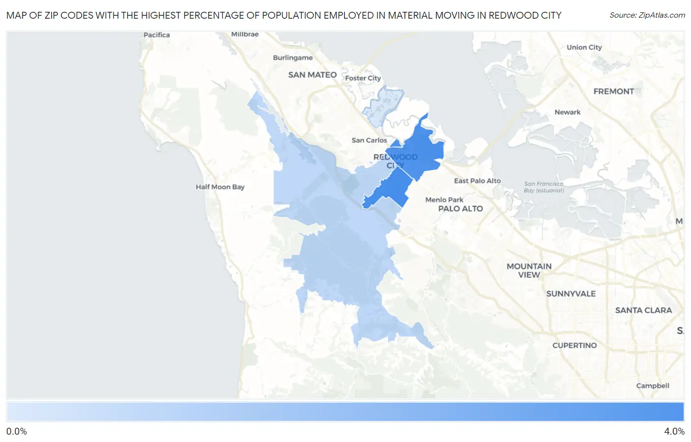 Zip Codes with the Highest Percentage of Population Employed in Material Moving in Redwood City Map