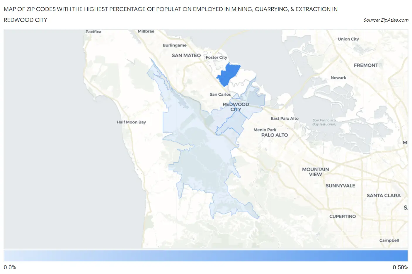Zip Codes with the Highest Percentage of Population Employed in Mining, Quarrying, & Extraction in Redwood City Map