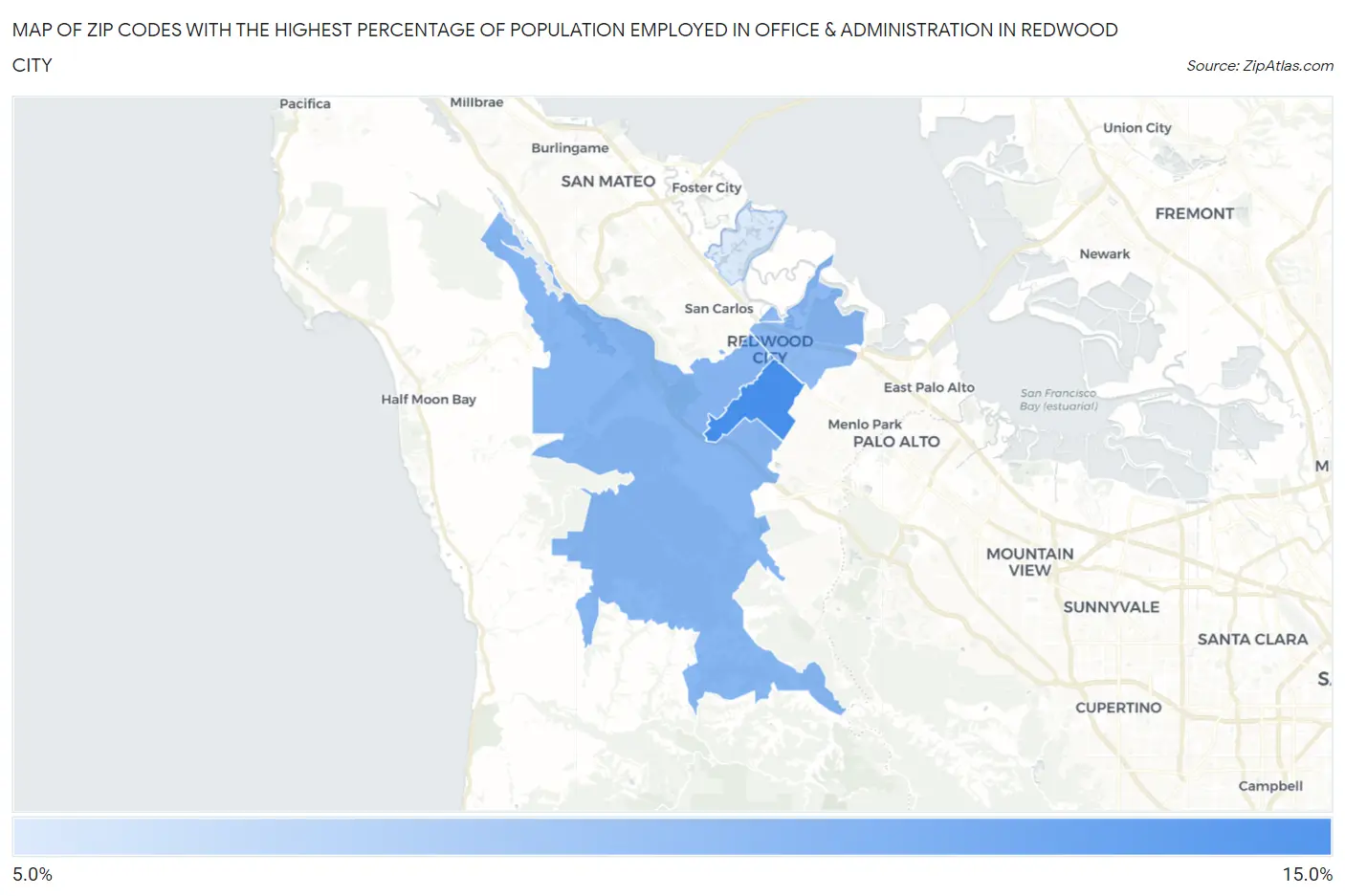 Zip Codes with the Highest Percentage of Population Employed in Office & Administration in Redwood City Map
