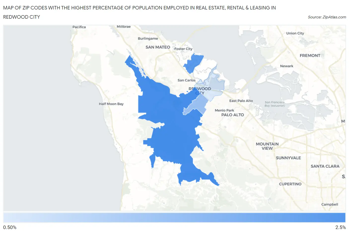 Zip Codes with the Highest Percentage of Population Employed in Real Estate, Rental & Leasing in Redwood City Map