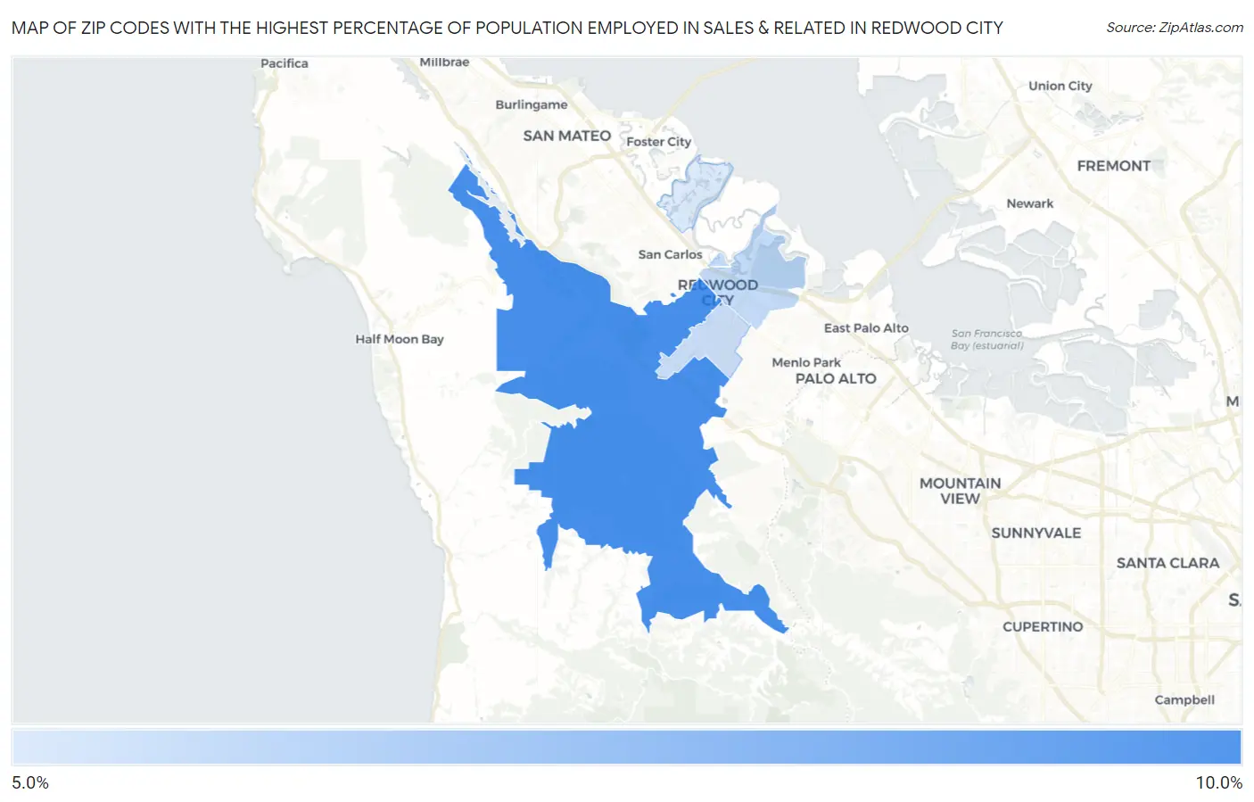 Zip Codes with the Highest Percentage of Population Employed in Sales & Related in Redwood City Map