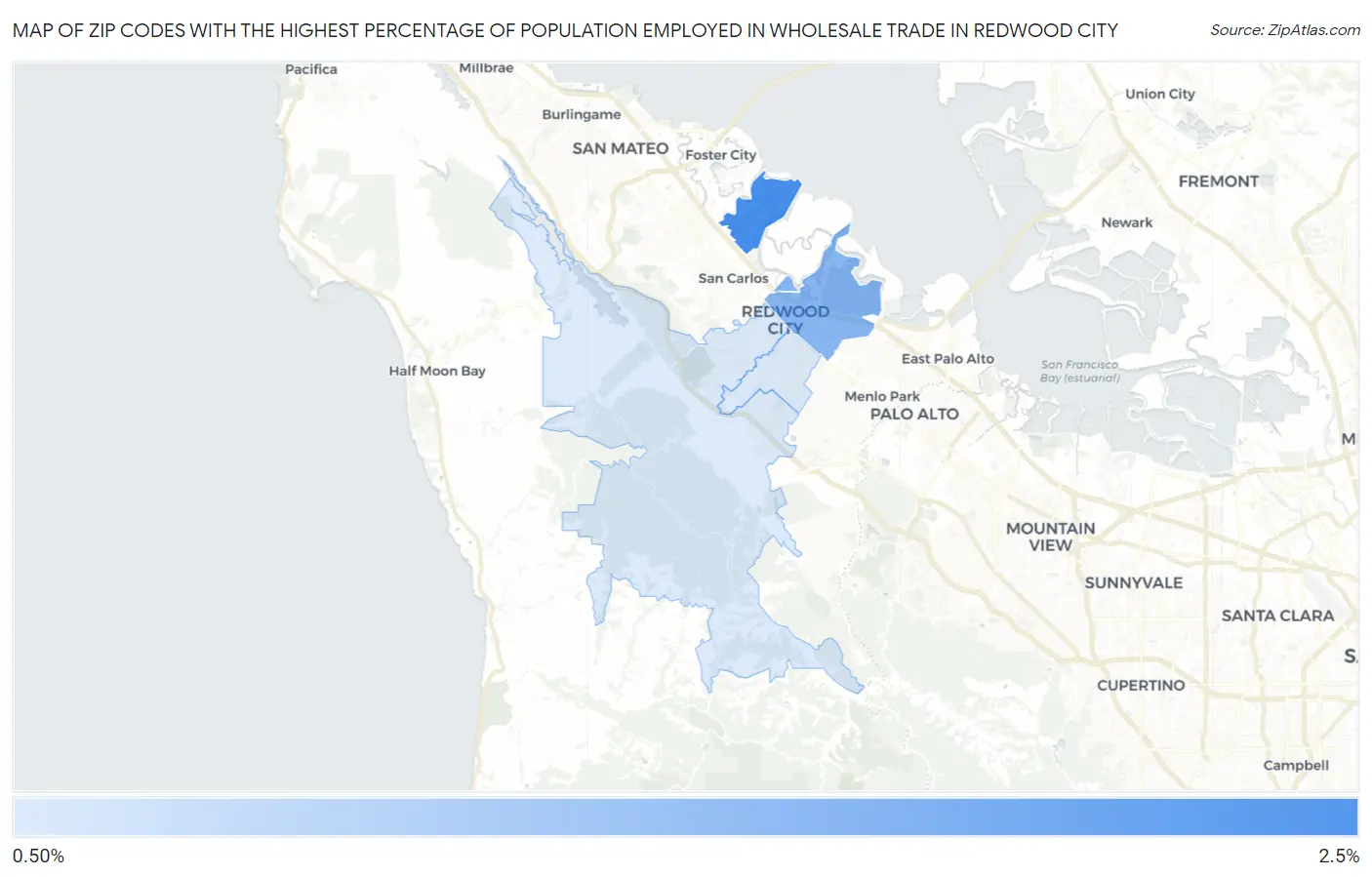 Zip Codes with the Highest Percentage of Population Employed in Wholesale Trade in Redwood City Map