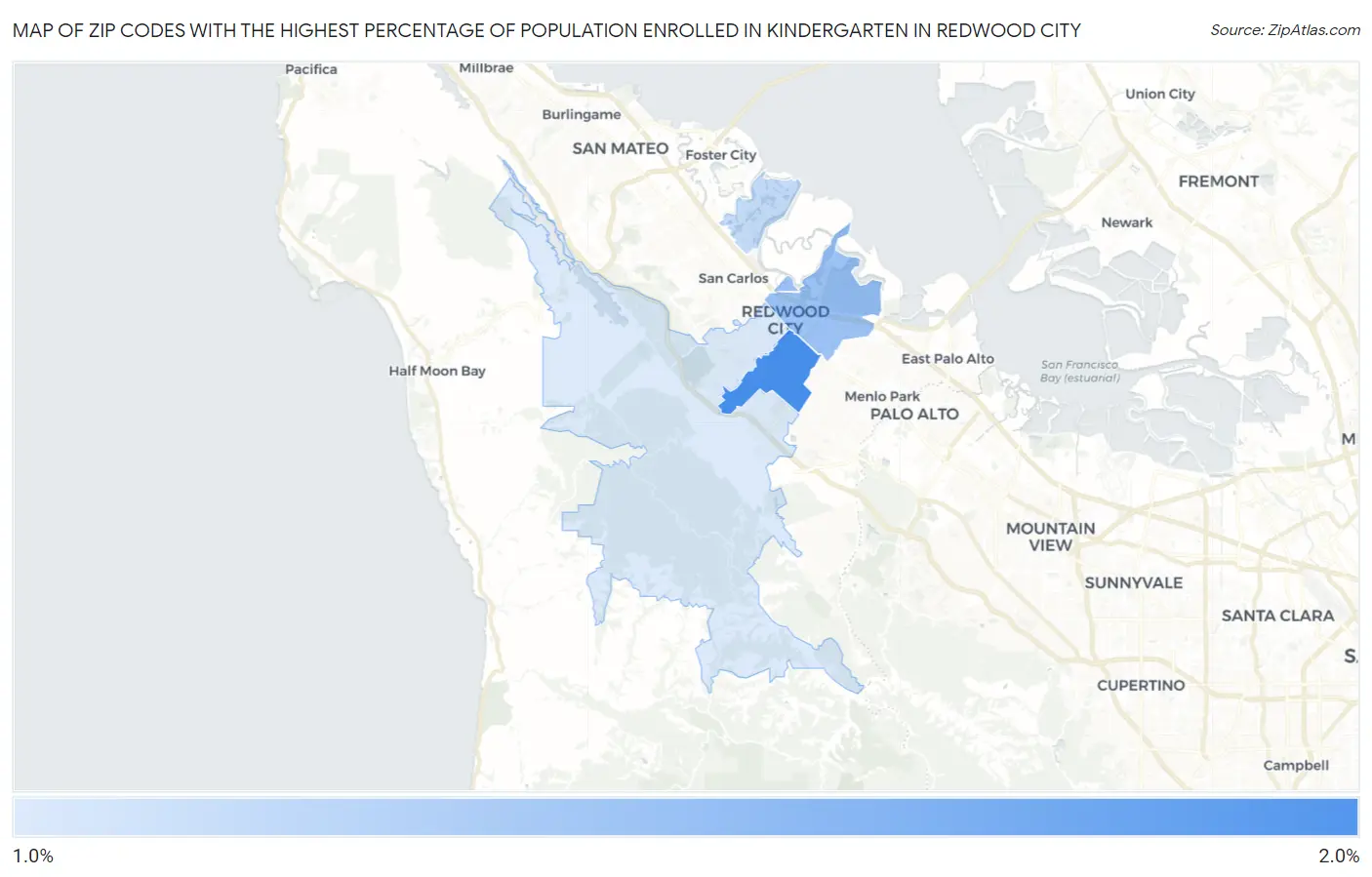 Zip Codes with the Highest Percentage of Population Enrolled in Kindergarten in Redwood City Map