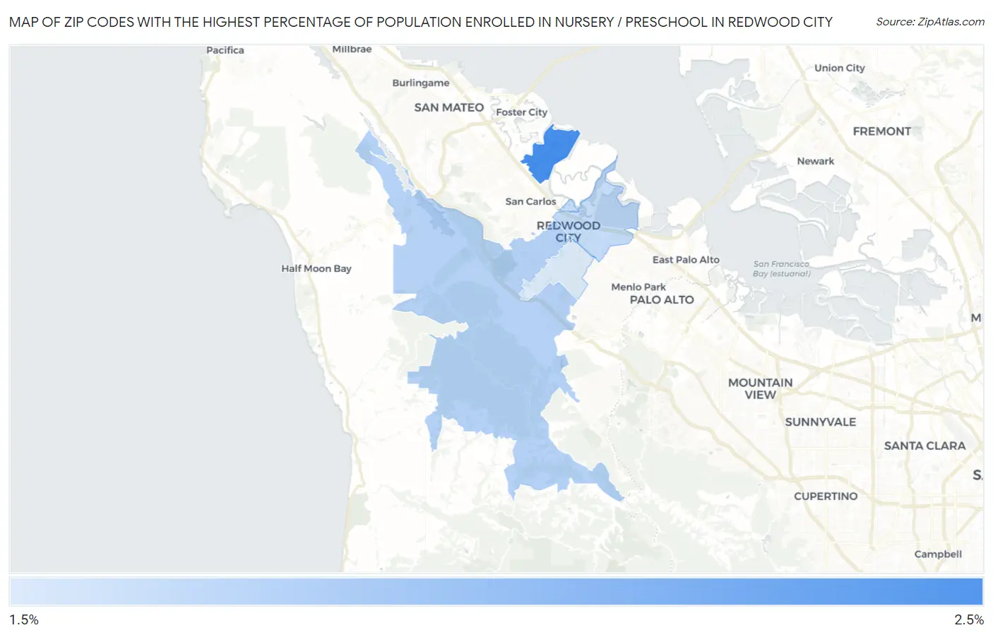 Zip Codes with the Highest Percentage of Population Enrolled in Nursery / Preschool in Redwood City Map
