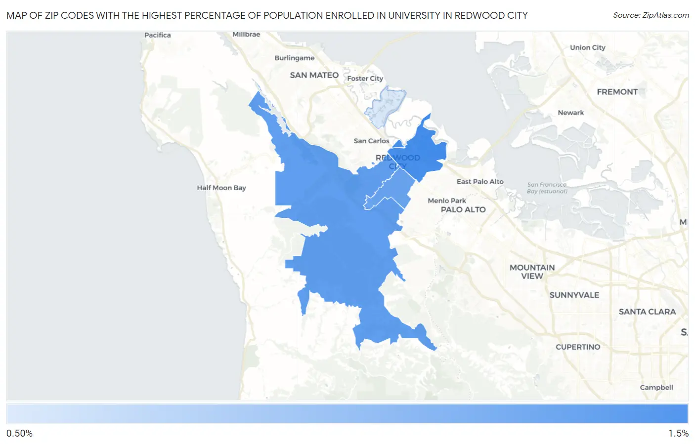 Zip Codes with the Highest Percentage of Population Enrolled in University in Redwood City Map