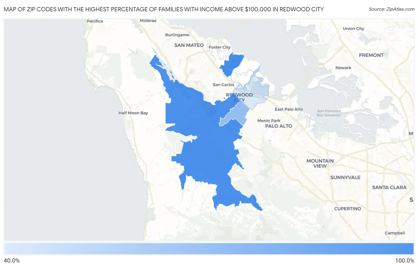 Zip Codes with the Highest Percentage of Families with Income Above $100,000 in Redwood City Map