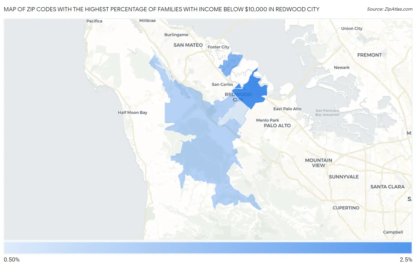 Zip Codes with the Highest Percentage of Families with Income Below $10,000 in Redwood City Map