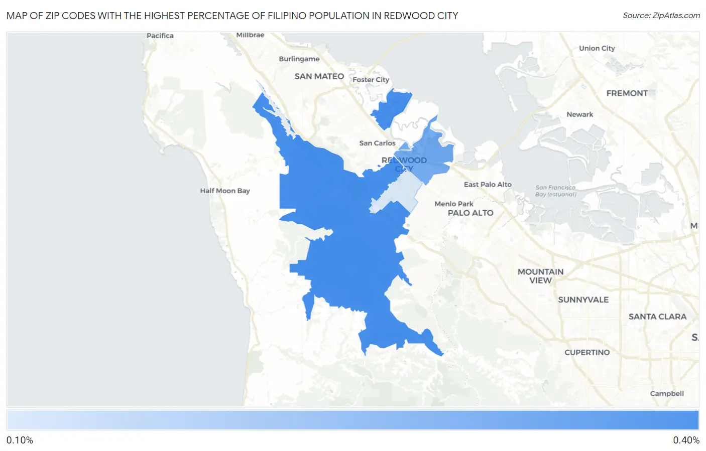Zip Codes with the Highest Percentage of Filipino Population in Redwood City Map