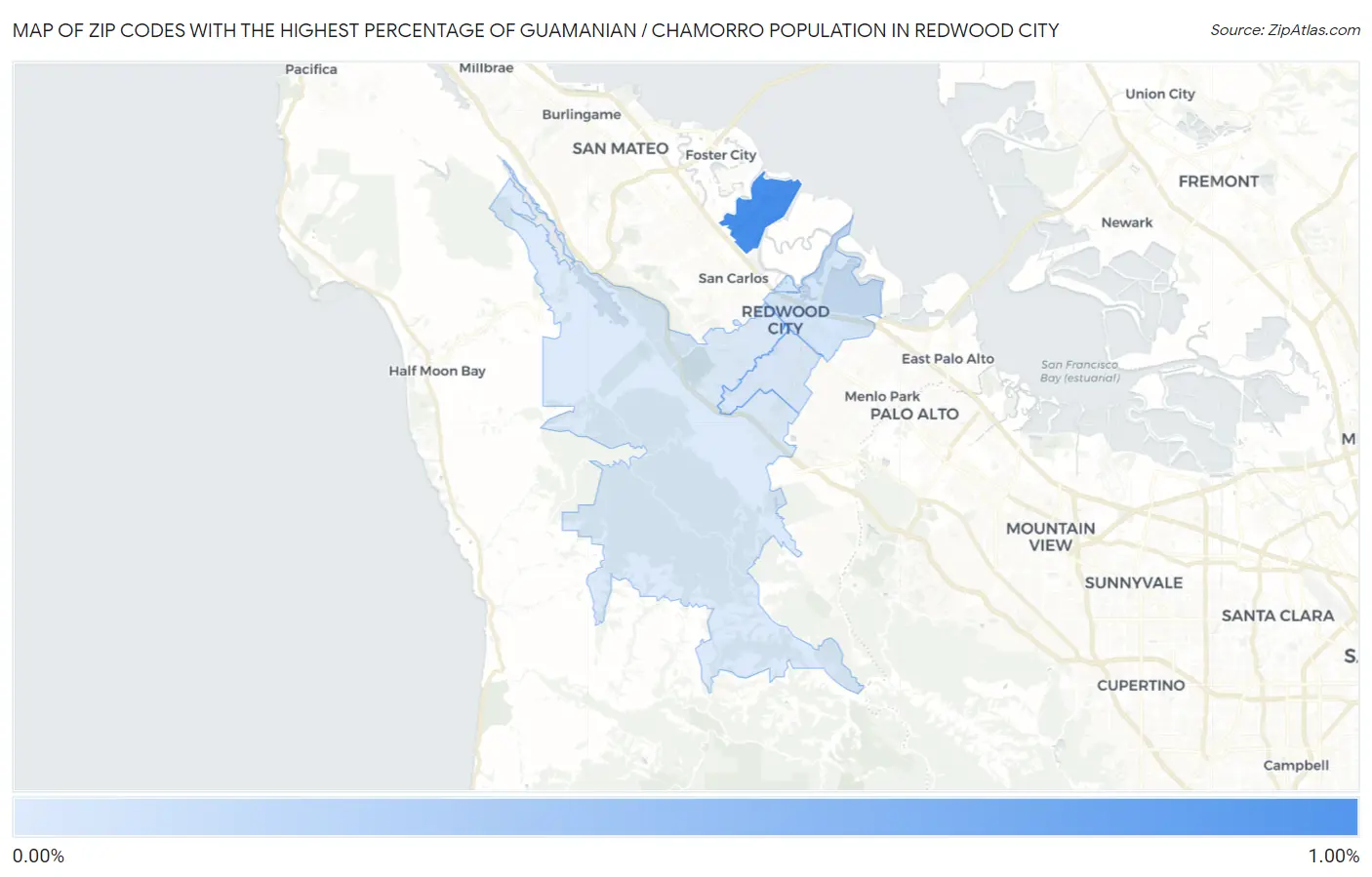 Zip Codes with the Highest Percentage of Guamanian / Chamorro Population in Redwood City Map