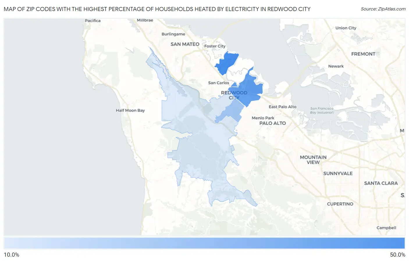 Zip Codes with the Highest Percentage of Households Heated by Electricity in Redwood City Map
