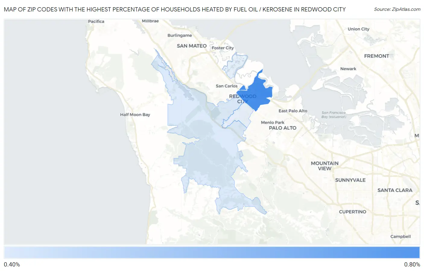 Zip Codes with the Highest Percentage of Households Heated by Fuel Oil / Kerosene in Redwood City Map