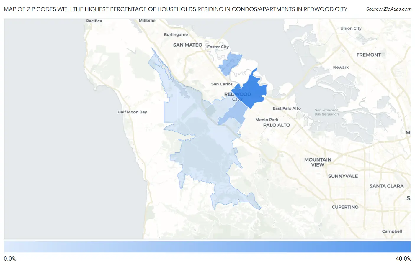 Zip Codes with the Highest Percentage of Households Residing in Condos/Apartments in Redwood City Map