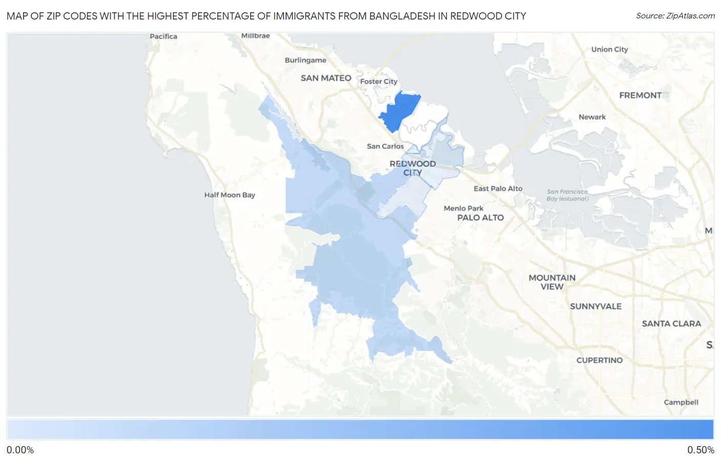 Zip Codes with the Highest Percentage of Immigrants from Bangladesh in Redwood City Map