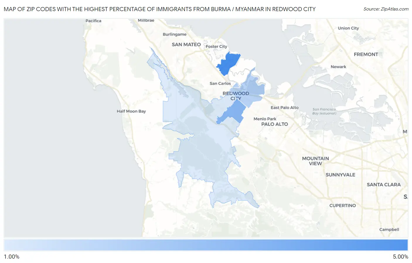 Zip Codes with the Highest Percentage of Immigrants from Burma / Myanmar in Redwood City Map