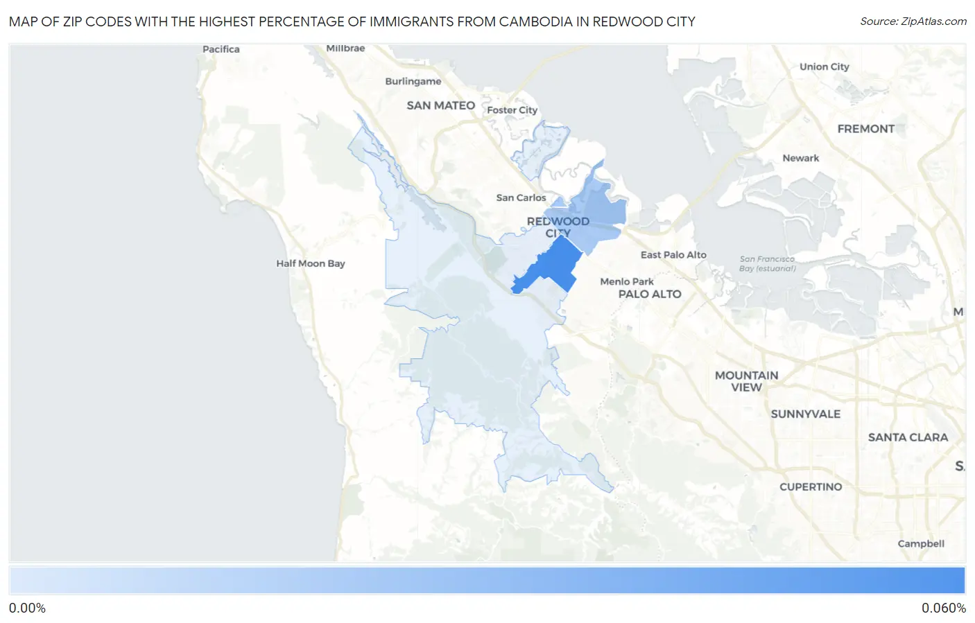 Zip Codes with the Highest Percentage of Immigrants from Cambodia in Redwood City Map
