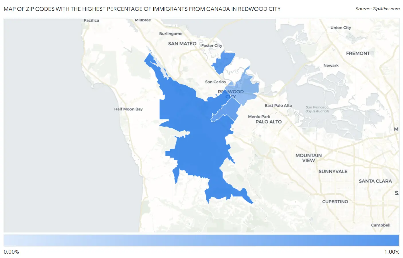 Zip Codes with the Highest Percentage of Immigrants from Canada in Redwood City Map