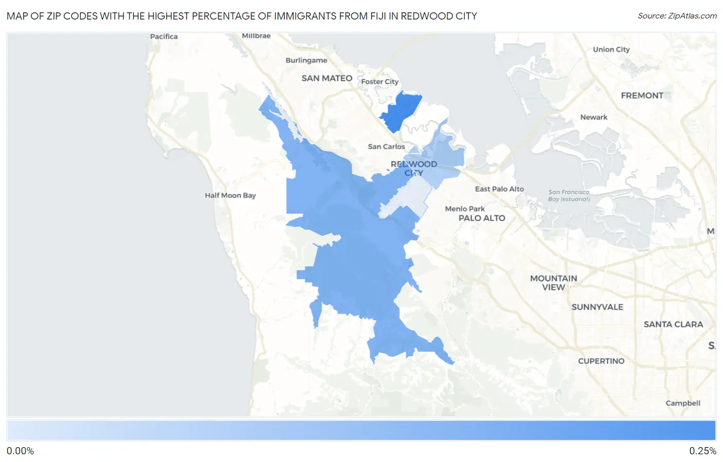 Zip Codes with the Highest Percentage of Immigrants from Fiji in Redwood City Map