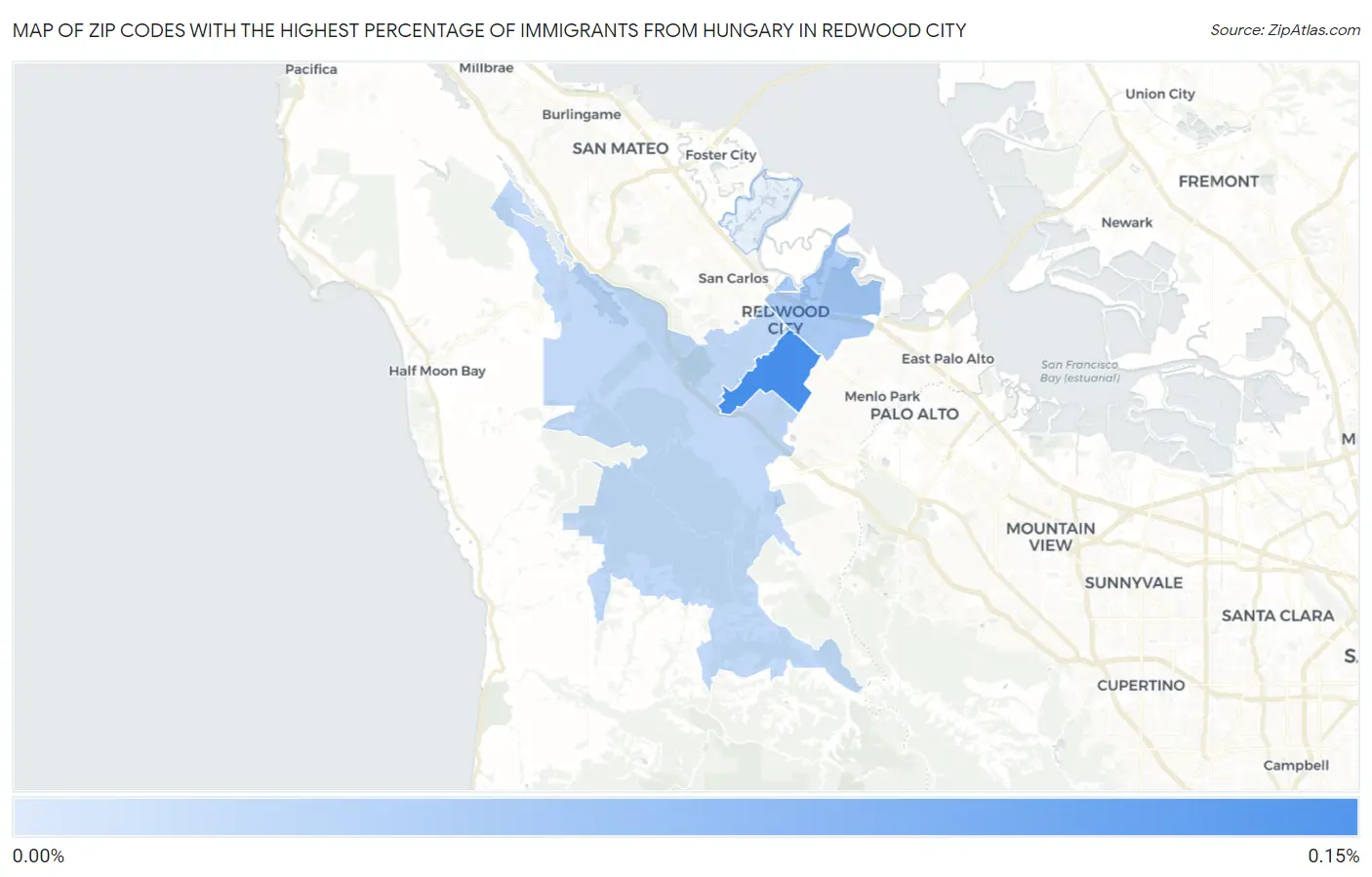 Zip Codes with the Highest Percentage of Immigrants from Hungary in Redwood City Map