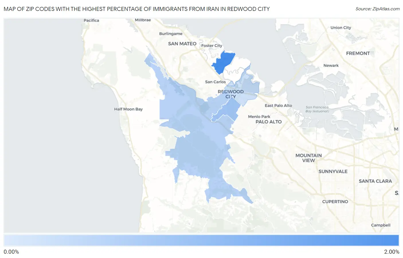 Zip Codes with the Highest Percentage of Immigrants from Iran in Redwood City Map