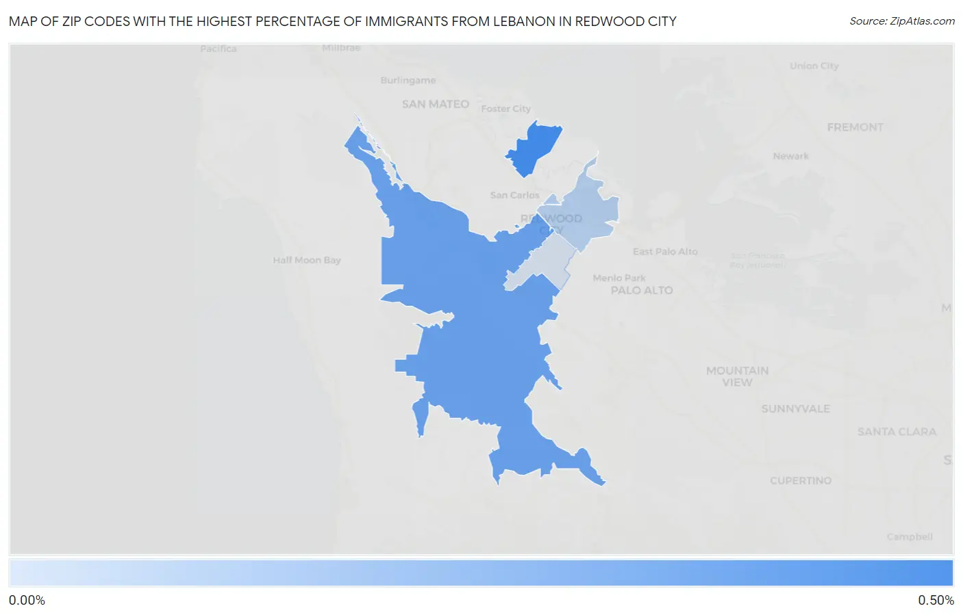 Zip Codes with the Highest Percentage of Immigrants from Lebanon in Redwood City Map