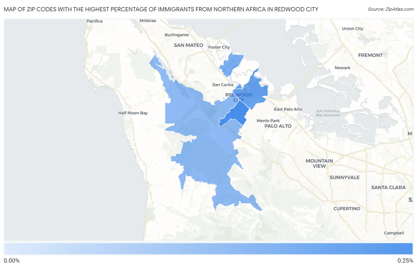Zip Codes with the Highest Percentage of Immigrants from Northern Africa in Redwood City Map