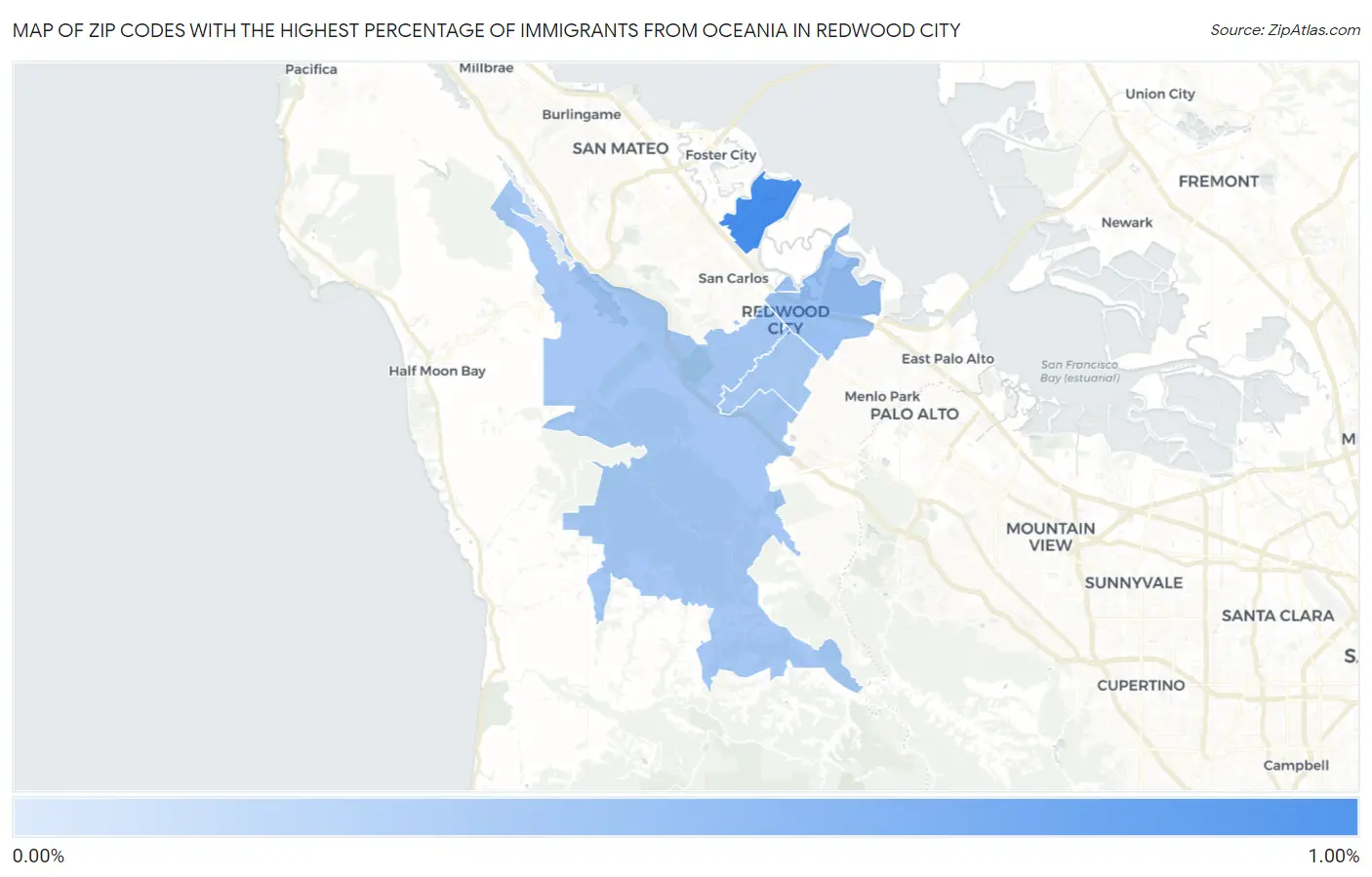 Zip Codes with the Highest Percentage of Immigrants from Oceania in Redwood City Map