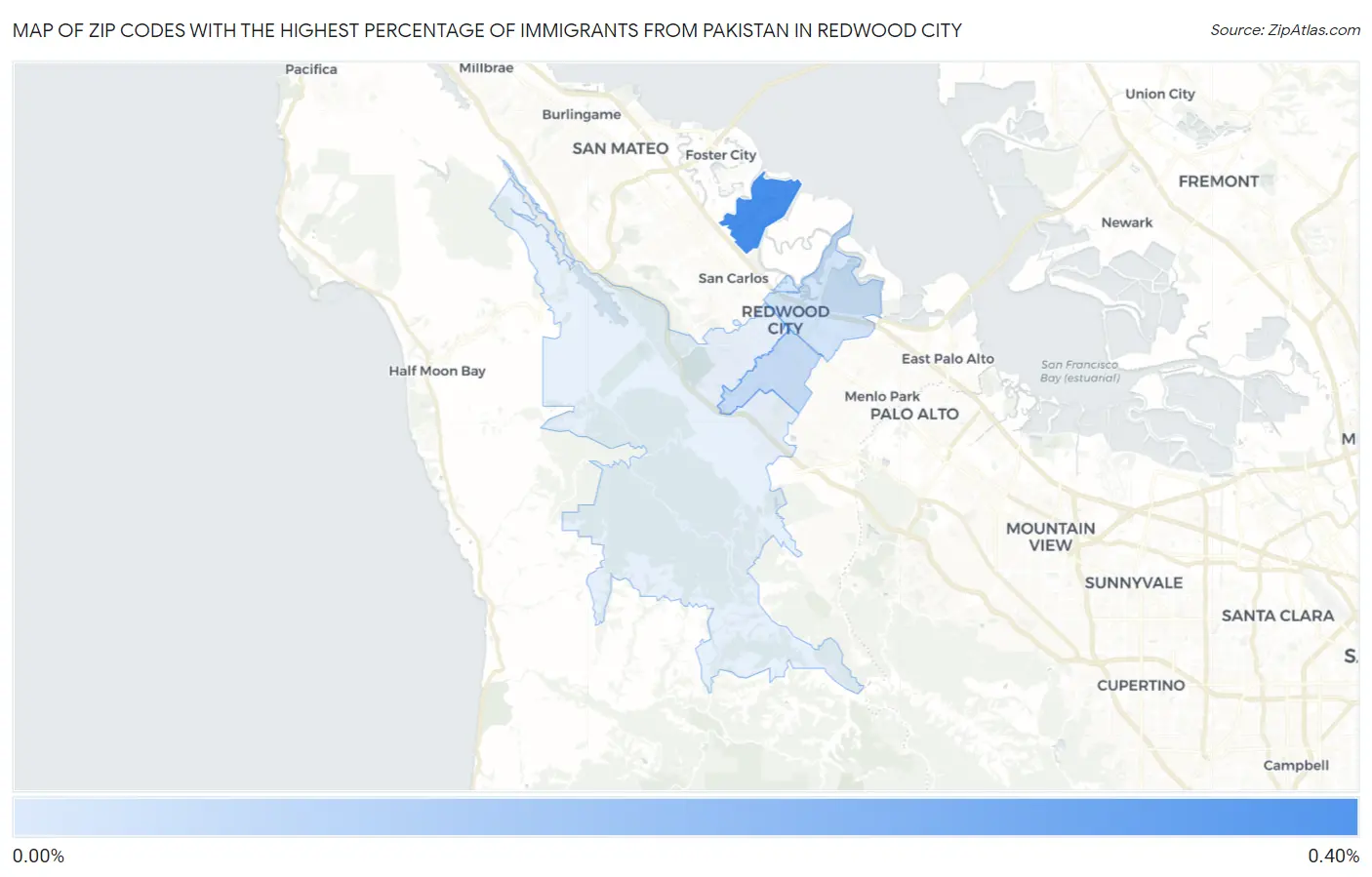 Zip Codes with the Highest Percentage of Immigrants from Pakistan in Redwood City Map