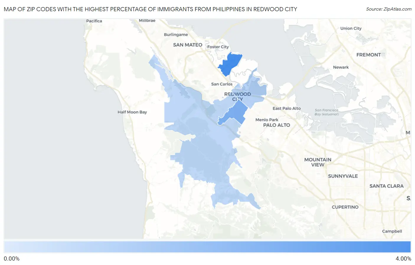 Zip Codes with the Highest Percentage of Immigrants from Philippines in Redwood City Map
