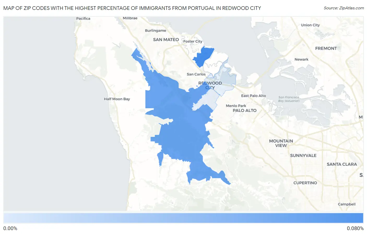 Zip Codes with the Highest Percentage of Immigrants from Portugal in Redwood City Map