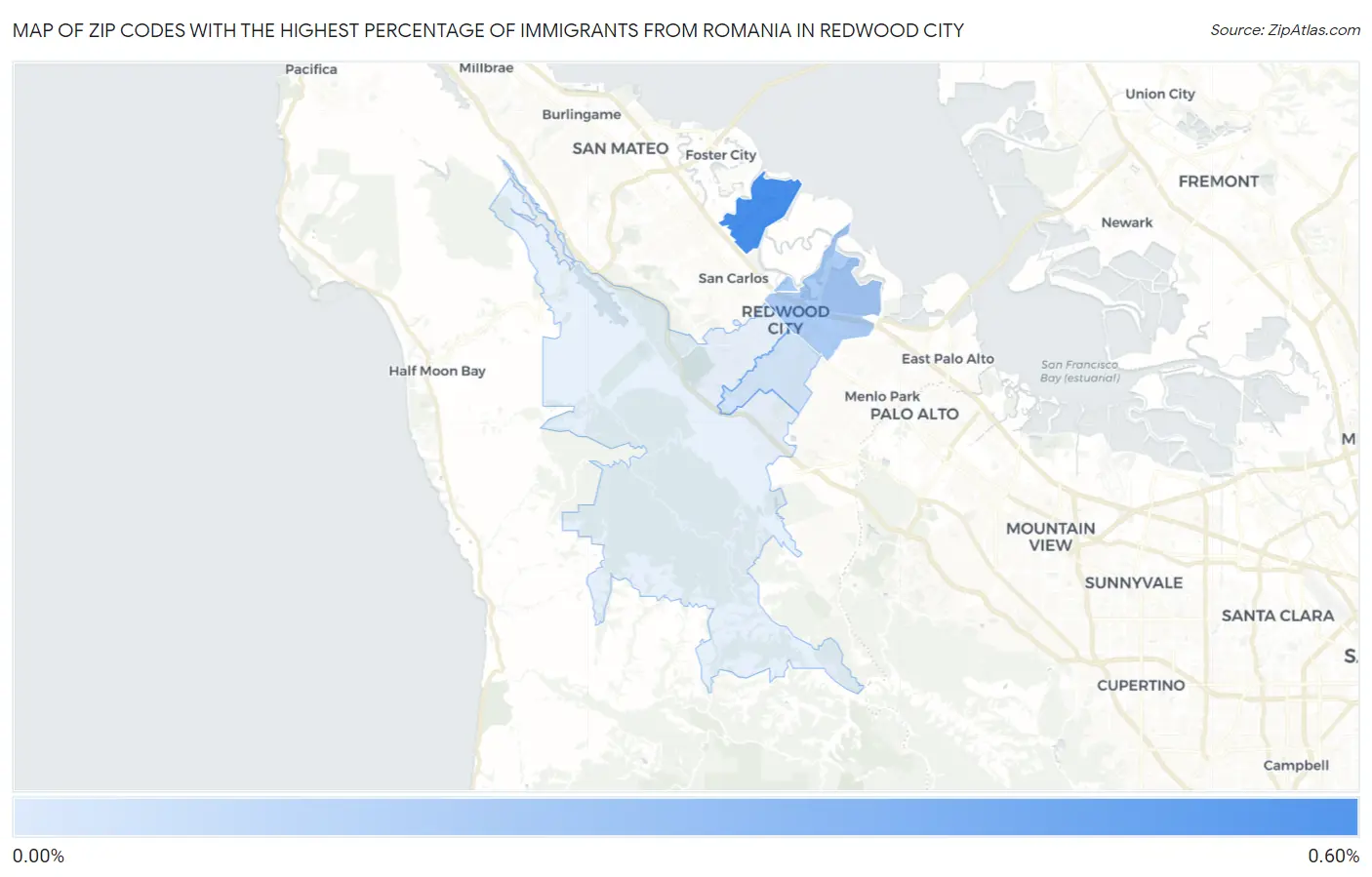 Zip Codes with the Highest Percentage of Immigrants from Romania in Redwood City Map