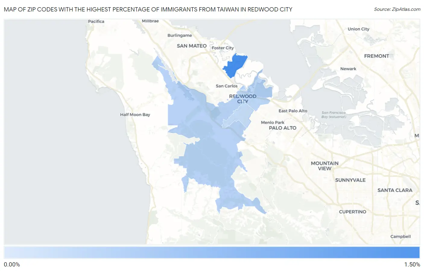 Zip Codes with the Highest Percentage of Immigrants from Taiwan in Redwood City Map