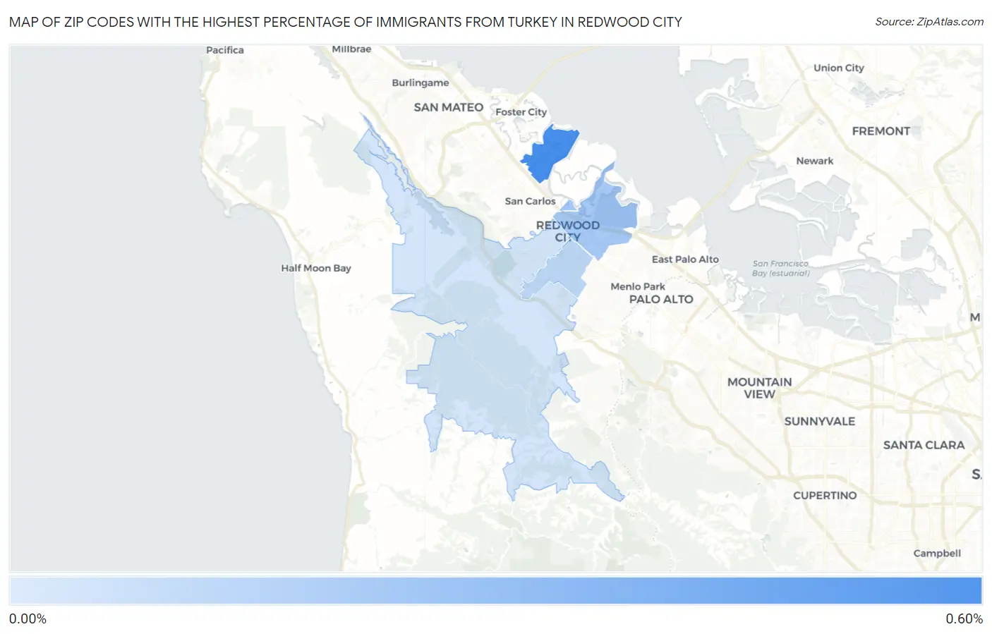 Zip Codes with the Highest Percentage of Immigrants from Turkey in Redwood City Map