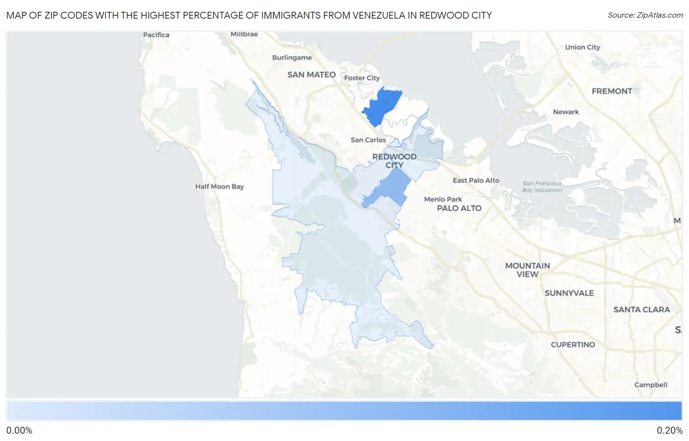 Zip Codes with the Highest Percentage of Immigrants from Venezuela in Redwood City Map