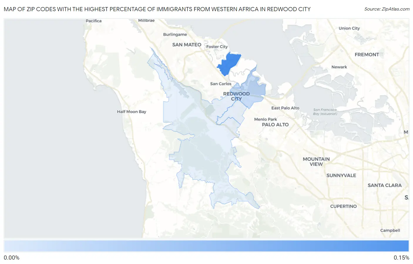 Zip Codes with the Highest Percentage of Immigrants from Western Africa in Redwood City Map