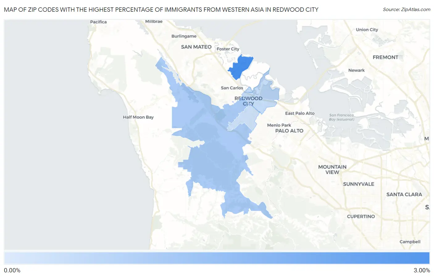 Zip Codes with the Highest Percentage of Immigrants from Western Asia in Redwood City Map