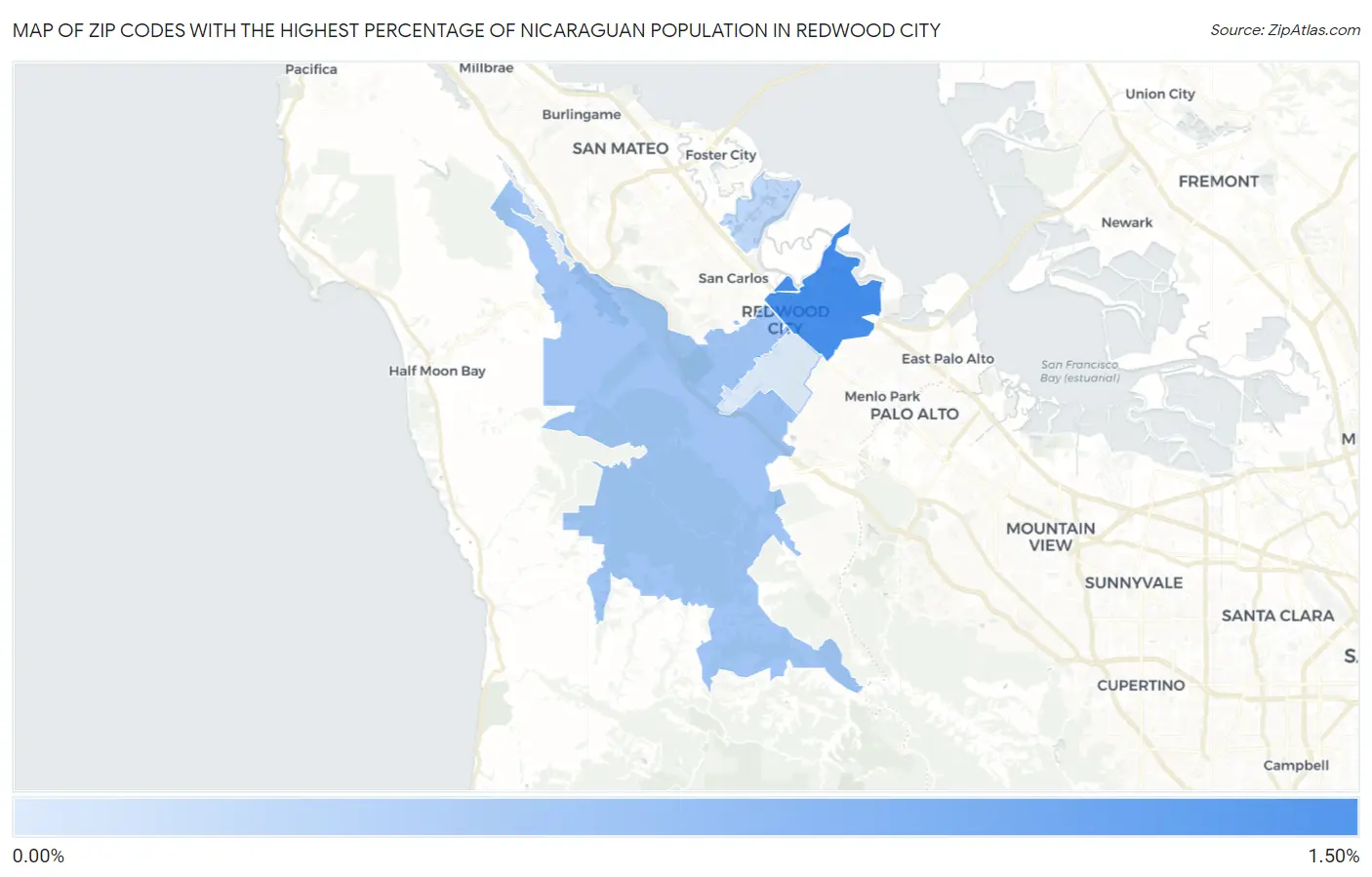 Zip Codes with the Highest Percentage of Nicaraguan Population in Redwood City Map