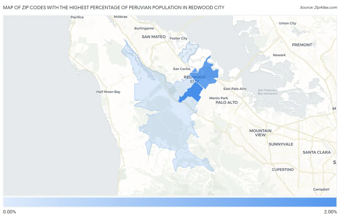 Zip Codes with the Highest Percentage of Peruvian Population in Redwood City Map