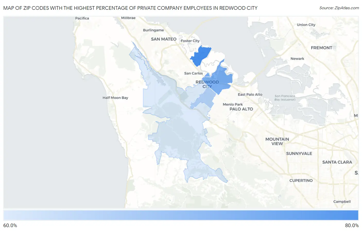 Zip Codes with the Highest Percentage of Private Company Employees in Redwood City Map