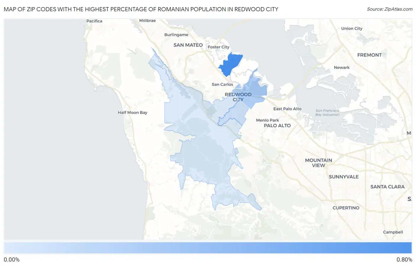 Zip Codes with the Highest Percentage of Romanian Population in Redwood City Map
