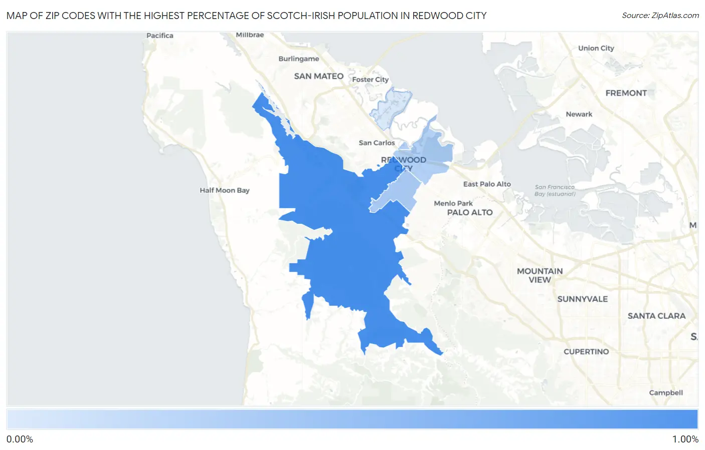 Zip Codes with the Highest Percentage of Scotch-Irish Population in Redwood City Map