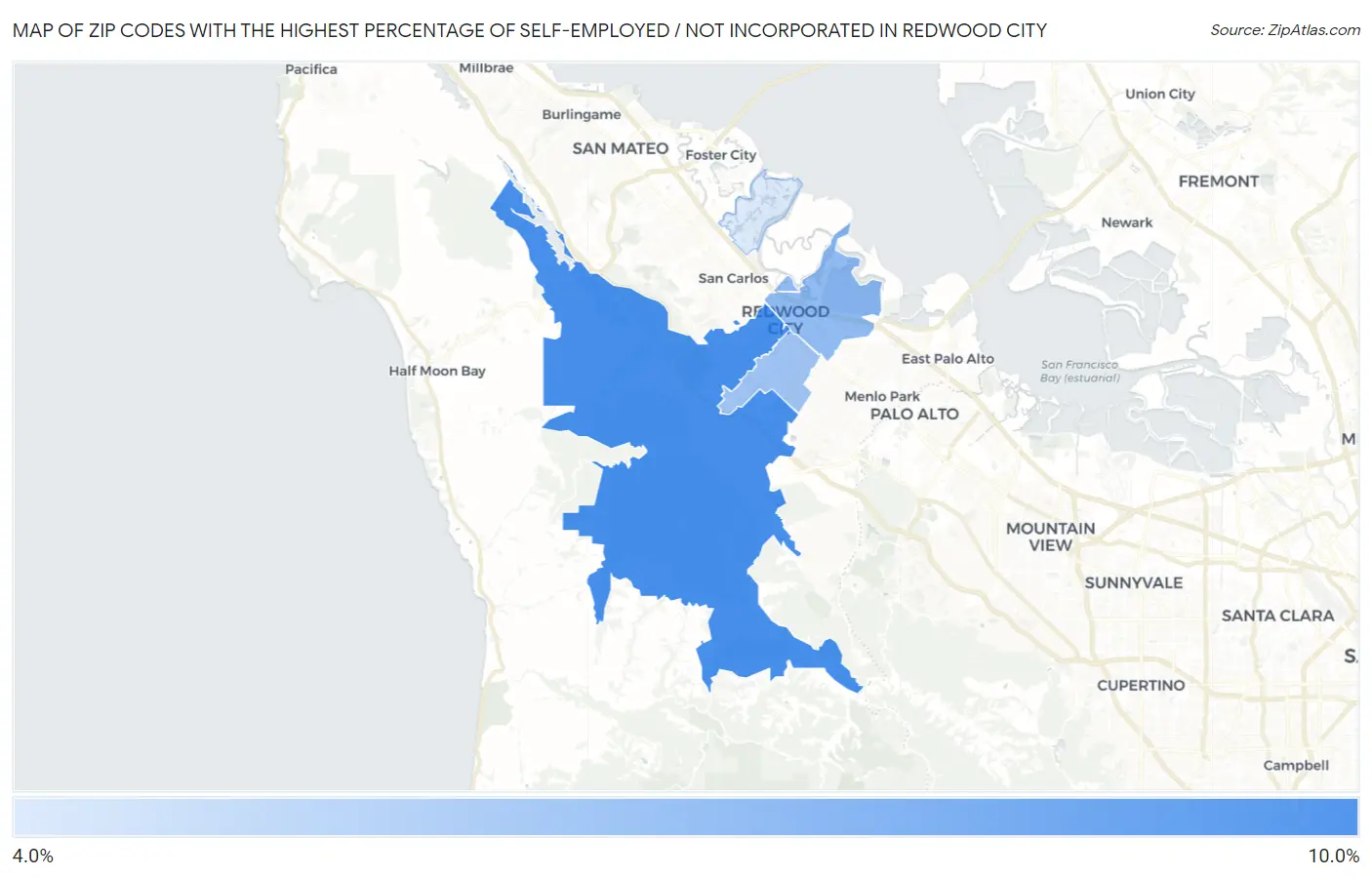 Zip Codes with the Highest Percentage of Self-Employed / Not Incorporated in Redwood City Map