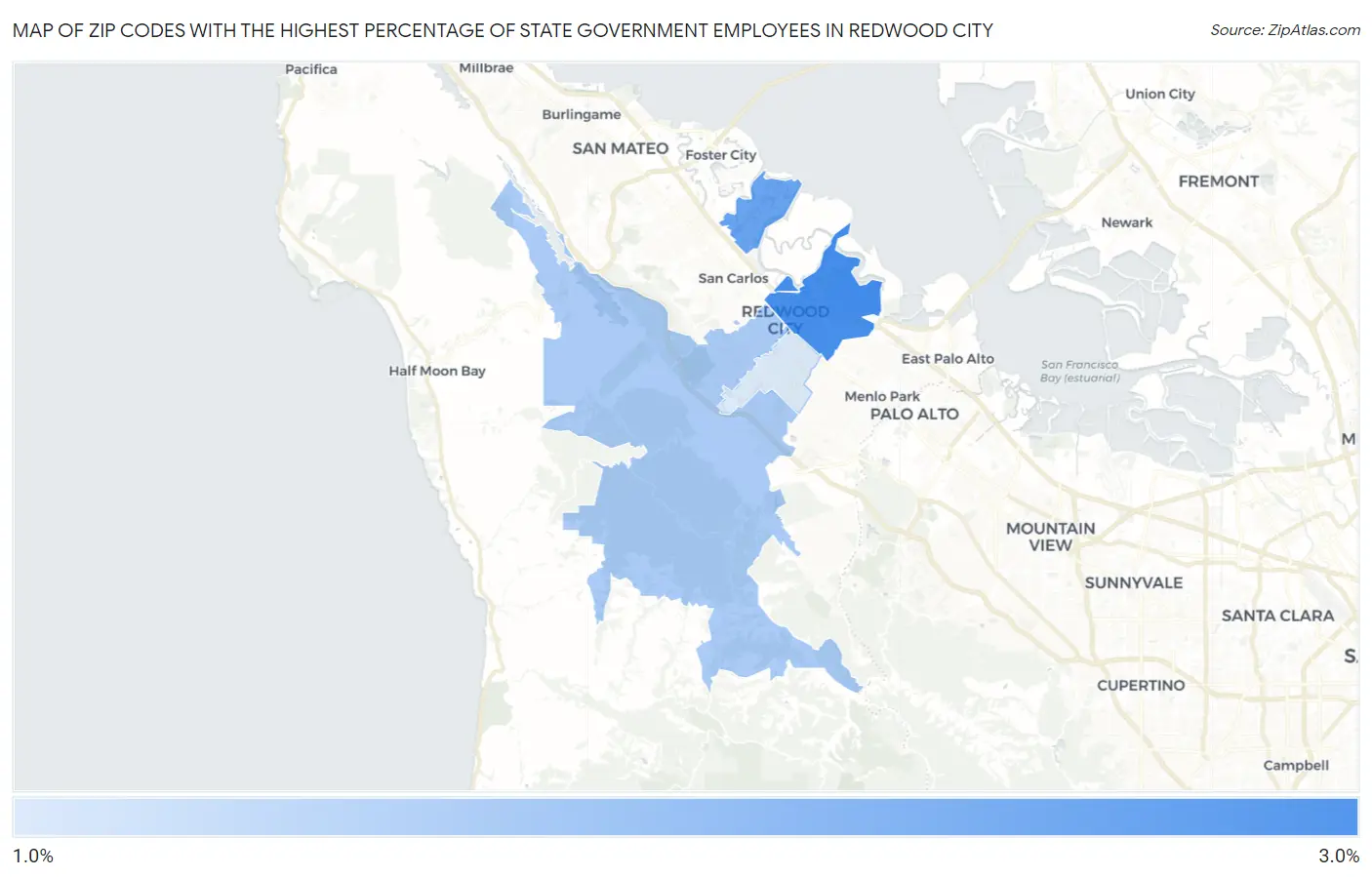 Zip Codes with the Highest Percentage of State Government Employees in Redwood City Map