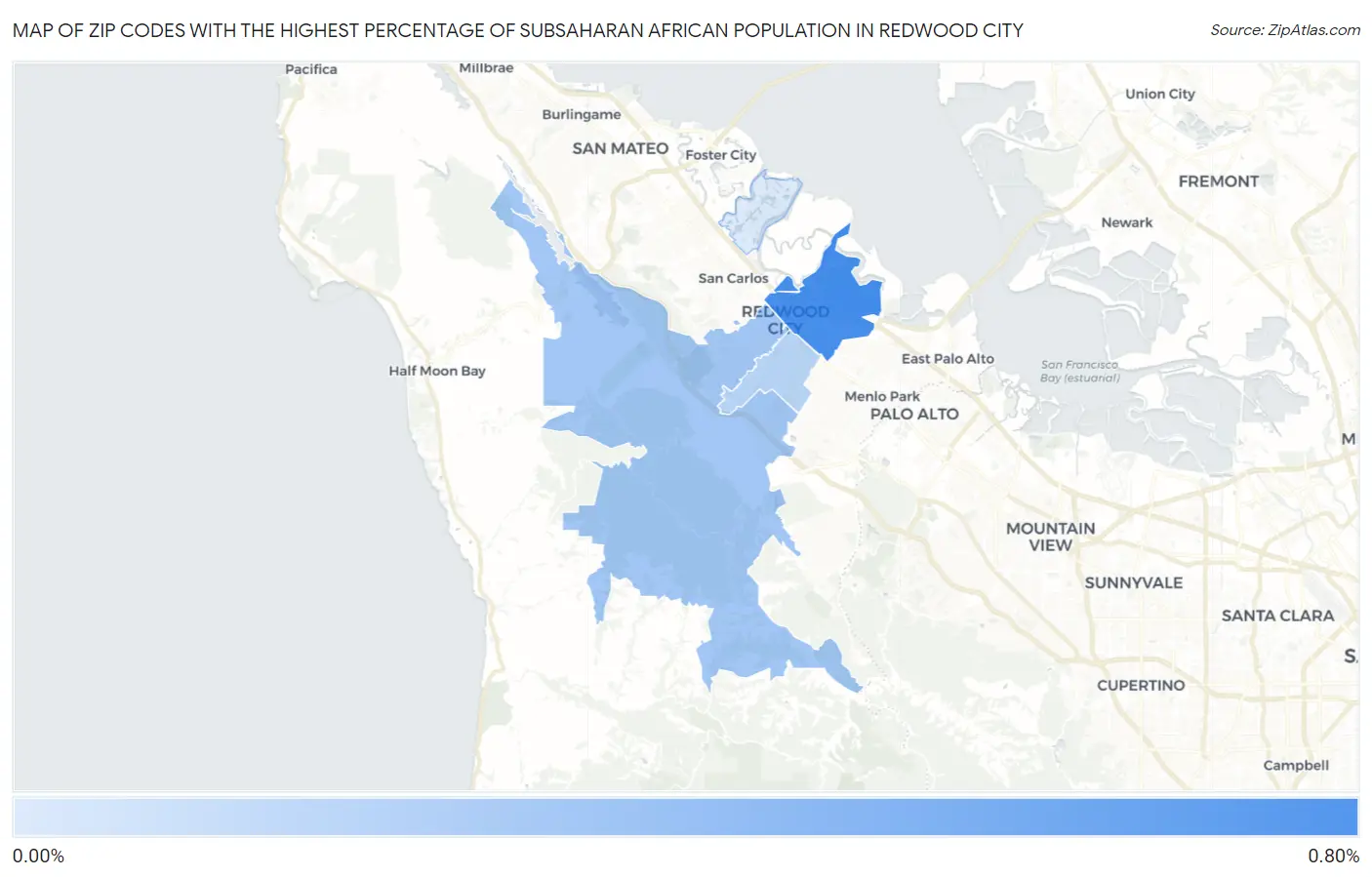 Zip Codes with the Highest Percentage of Subsaharan African Population in Redwood City Map