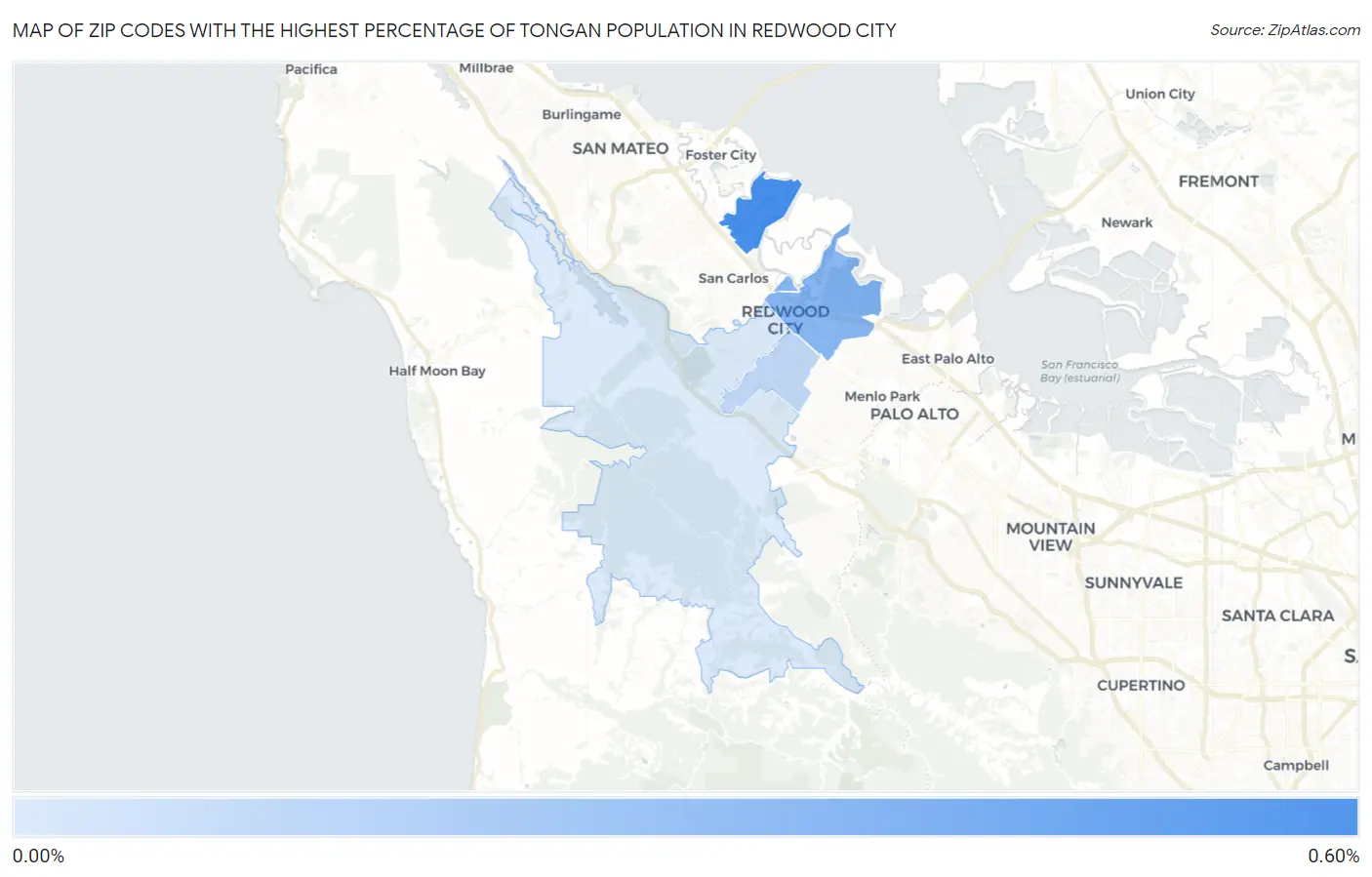 Zip Codes with the Highest Percentage of Tongan Population in Redwood City Map