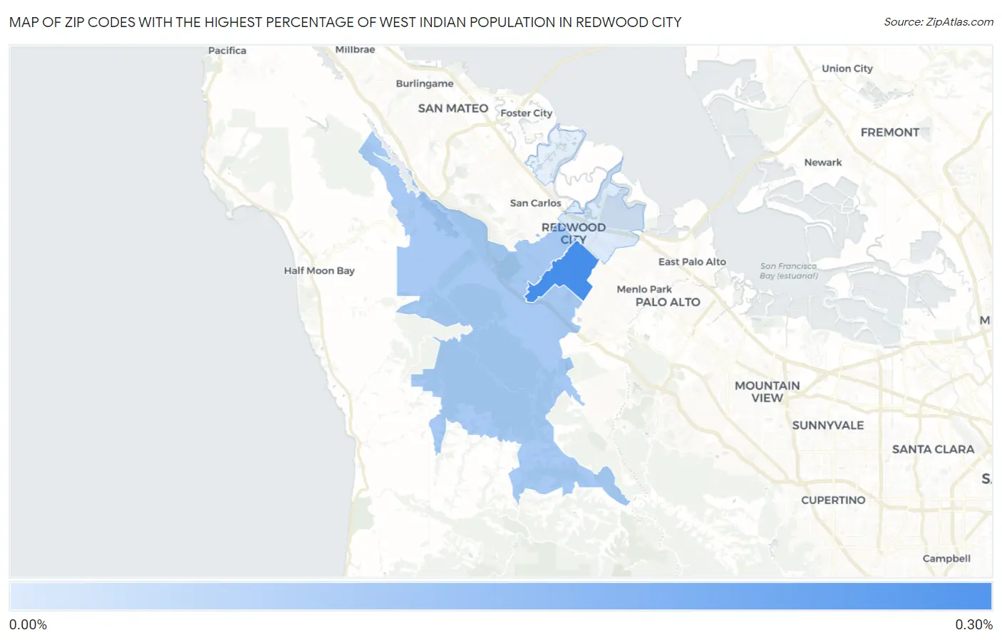 Zip Codes with the Highest Percentage of West Indian Population in Redwood City Map