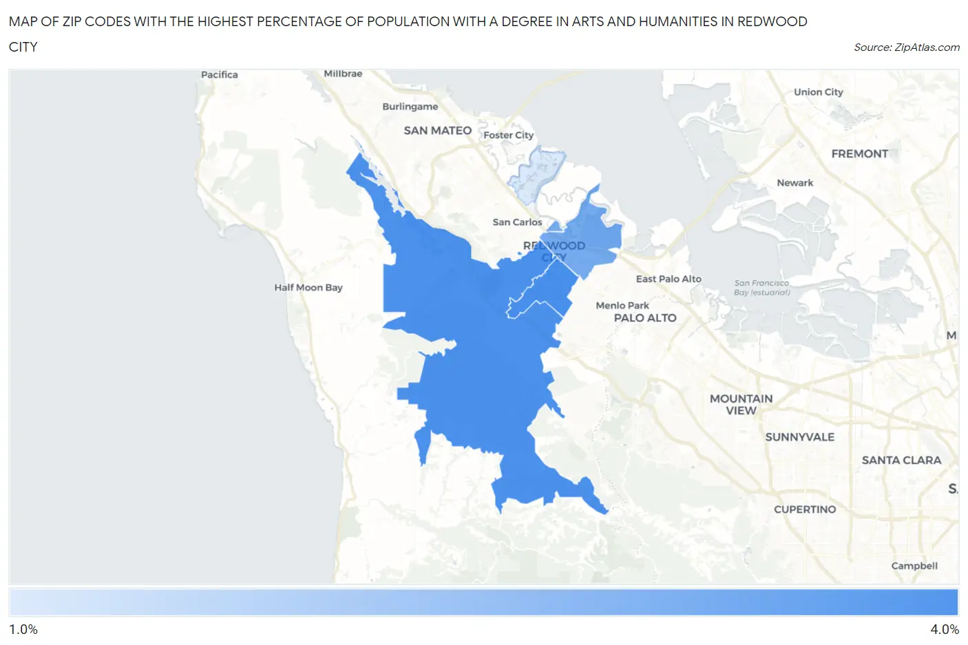 Zip Codes with the Highest Percentage of Population with a Degree in Arts and Humanities in Redwood City Map