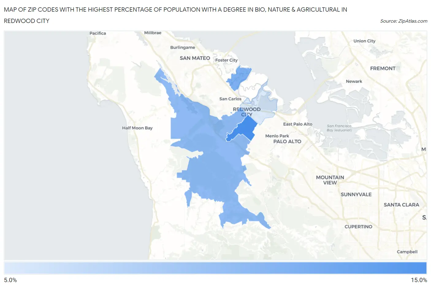 Zip Codes with the Highest Percentage of Population with a Degree in Bio, Nature & Agricultural in Redwood City Map
